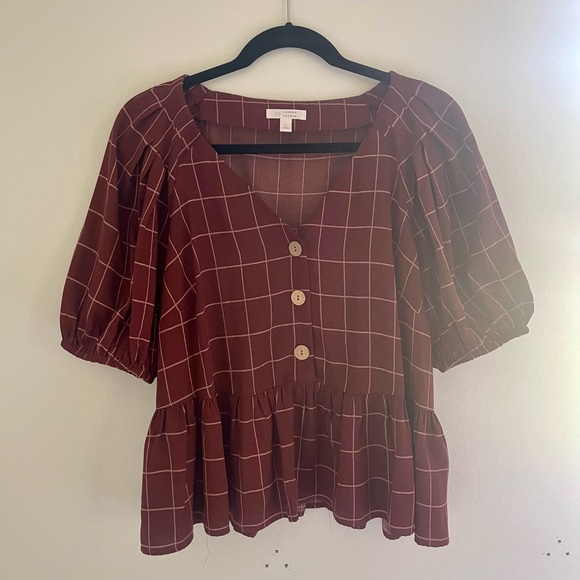 LC Lauren Conrad Tops - Burgundy Plaid Peplum Top